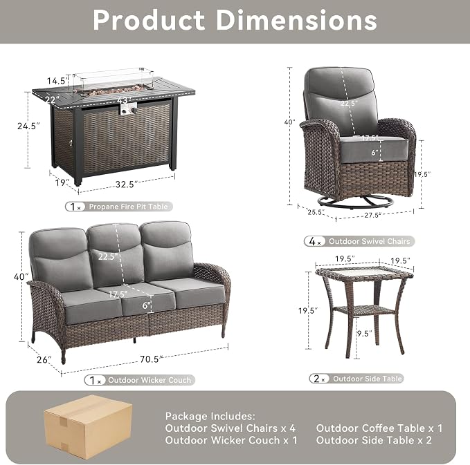 8 Pieces Luxury Patio Furniture Set with 42.5" Fire Pit Table, 6-Inch Thick Cushions Wicker Outdoor Furniture with Outdoor Rocking Chairs Set of 4, Outdoor Patio Conversation Set for Deck, Gray