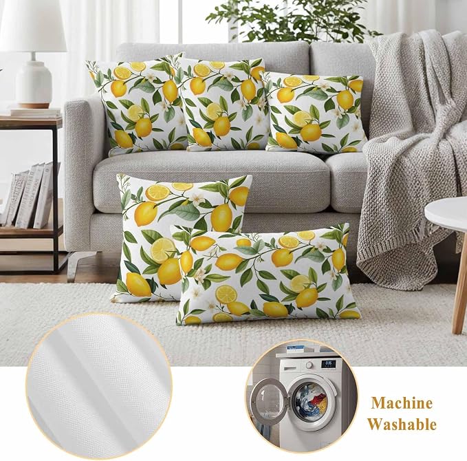 Outdoor Waterproof Throw Pillow Covers Set of 2 Yellow Lemon Pillowcases 16x16 Inches Floral Leaf Summer Fruits Decorative Pillows Cushion Case Patio Pillows for Couch Bed Chair Garden