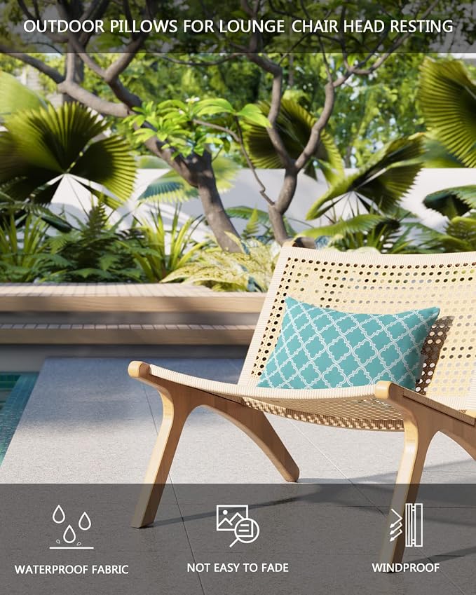 Outdoor Pillows Covers with Inserts Cyan Moroccan Pattern Geometric Waterproof Recliner Pillow with Adjustable Strap Throw Pillows for Patio Furniture Pool Lounge Chair, 11x16 inch, 1PCS