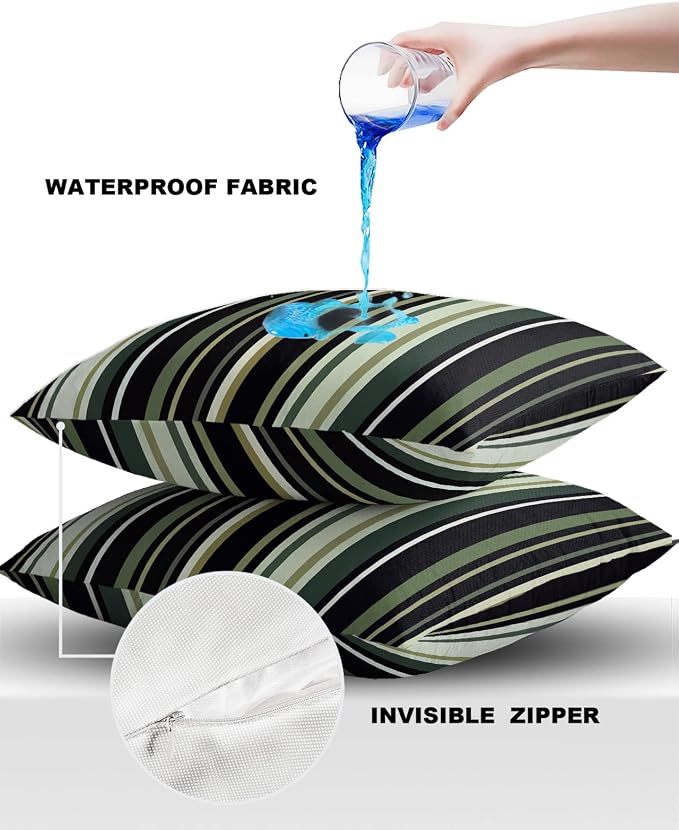 Outdoor Waterproof Pillow Covers for Patio Simple Stripe Decorative Throw Pillow Cover Black And Green Geometric Pattern Pillowcases Set of 2 Cushion Case for Sofa Couch Chair Home Decor 20x20 inch