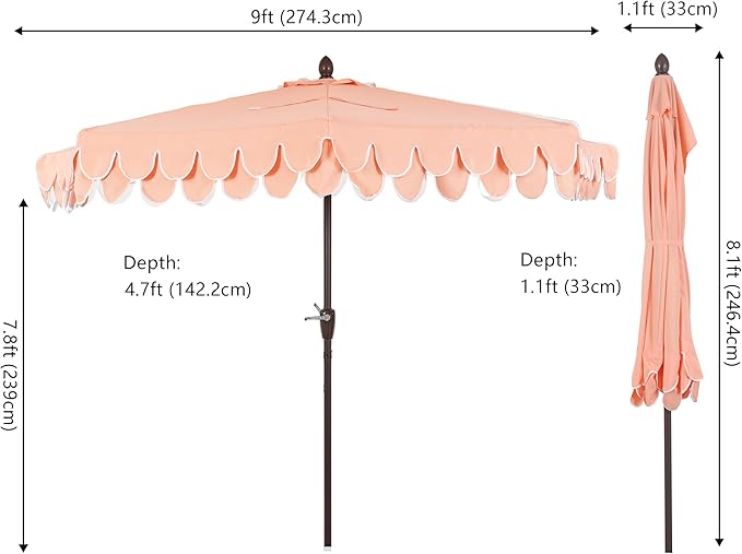 JONATHAN Y Terrace Scalloped 9 ft. Half Round Patio Umbrella with Crank Lift and Tilt, Coastal Semicircle Market Wall Umbrella for Balcony, Coral Pink/White, Dark Brown Pole UMB1202E