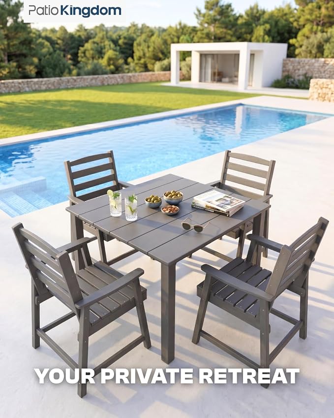 HDPE Outdoor Dining Set for 4, Square Table and Chairs, Grey | All-Weather HDPE, Wood Grain Finish, 42.5" Square Table, Built-In Umbrella Hole, Seats 4, Patio & Poolside Ready