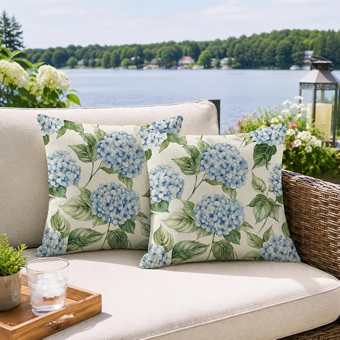 Blue Hydrangea Outdoor Throw Pillow Covers 18x18 inch Set of 2 Waterproof Floral Pillow Cases Flower Decorative Cushion Covers for Patio Garden Spring Decor