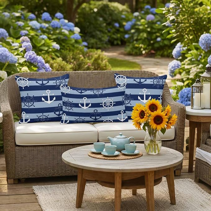 Nautical Ship Anchors Waterproof Outdoor Pillow Covers Set of 2 Home Decor, Navy Blue Horizontal Stripes Lumbar Pillowcase Patio Pillow Covers for Couch Bench Patio Furniture Garden 20x12in