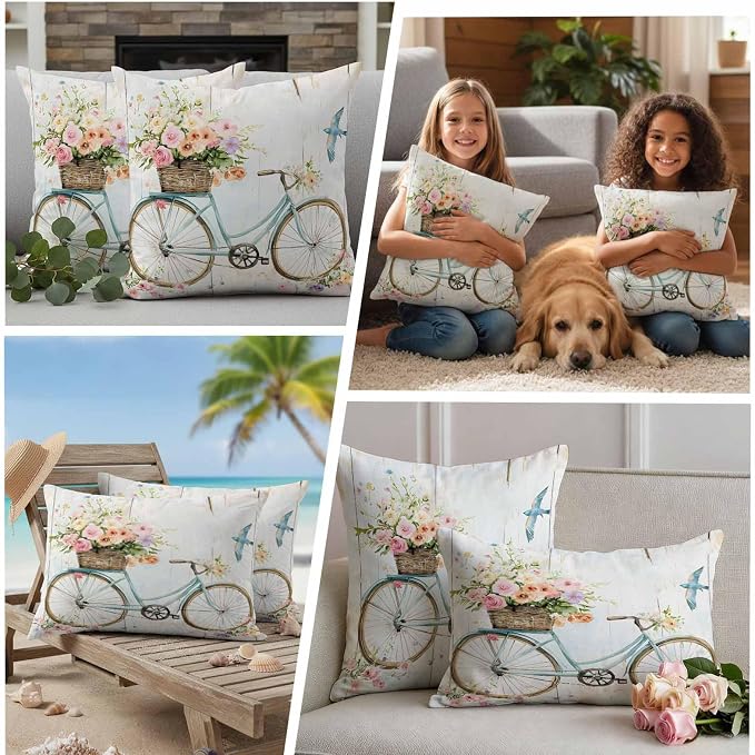 Teamery Outdoor Waterproof Pillow Covers Pastoral Blossom Blue Bike Throw Cushion Case, Vintage Wooden Plank Pillowcase for Bed,Sofa,Couch, Patio Furniture,20x12in, 2Pack Decorative Pillows Protector