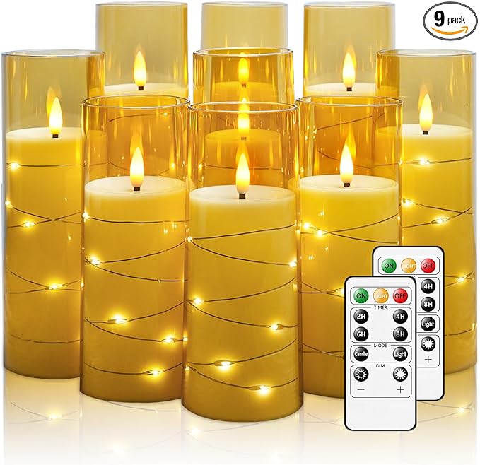Nimiko Flickering Flameless LED Candles,Battery Operated Candles 9 Pcs with Embedded Star String,Acrylic LED Pillar Candles with Remote,Suitable for Home Decoration to Create an Atmosphere（Gold）