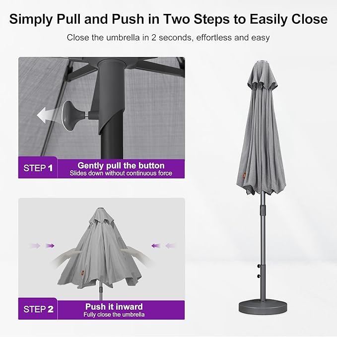 PURPLE LEAF 9 FT Semi-Auto Outdoor Patio Umbrella with Base Market Table Sun Umbrellas with 8 Aluminum Sturdy Ribs for Backyard Deck Garden Pool (Gray Pole Gray Canopy)
