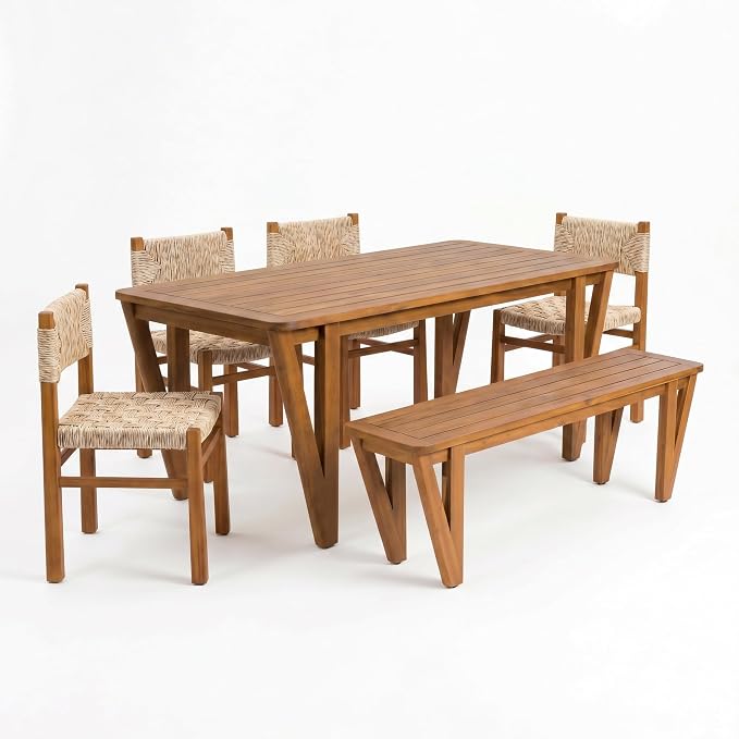 Christopher Knight Home Alson Acacia Wood Patio Dining Set with Bench, Solid Wood Outdoor Dining Table Set for 6, Outdoor Dining Set with Woven Wicker Accent, Teak+Light Grey