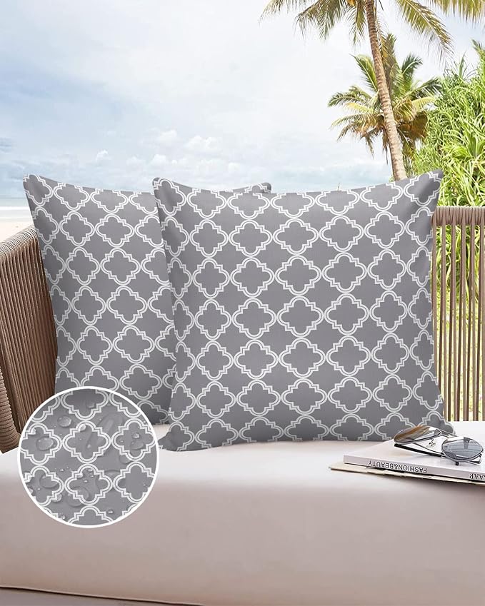 Outdoor Waterproof Pillow Covers for Patio Furniture Moroccan Pattern Decorative Throw Pillow Cover Geometric Trellis Grey Pillowcases Set of 2 Cushion Case for Sofa Couch Chair Home Decor 26x26 inch