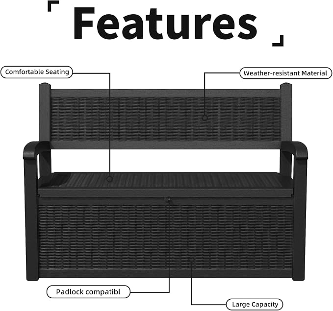 80 Gallon Storage Bench Deck Box Resin Patio Furniture with Armrest, Waterproof and UV Resistant Lockable for Patio Furniture, Garden Decor and Outdoor Seating for Cushions, Garden Tools,Black