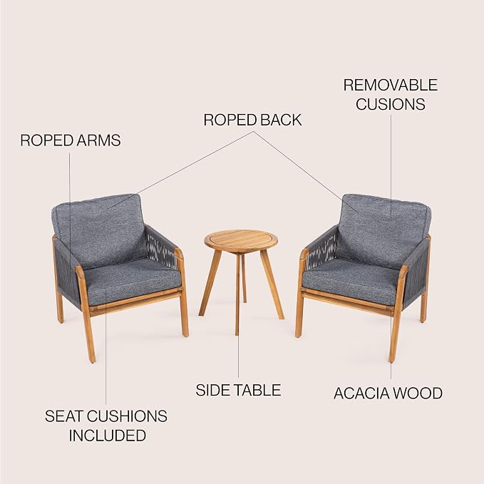 JONATHAN Y Aveiro Coastal 3-Piece Acacia Wood Outdoor Patio Conversation Set, Rope Woven Chairs with Cushions and Round Side Table for Backyard, Porch, Garden, Teak Brown/Gray LVG1203B-3SET