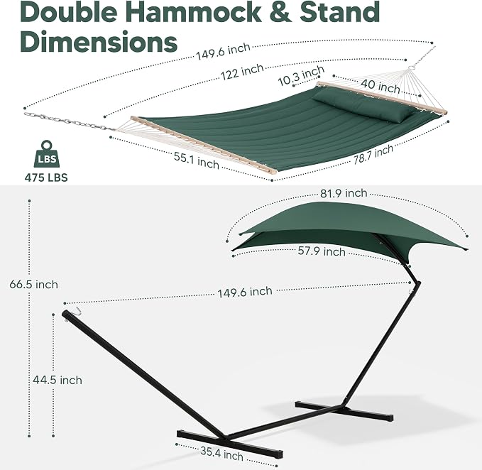 SUNCREAT Portable Outdoor Hammock with Stand, Canopy, Double Hammock with Stand for Outside, Patent Pending, Dark Green