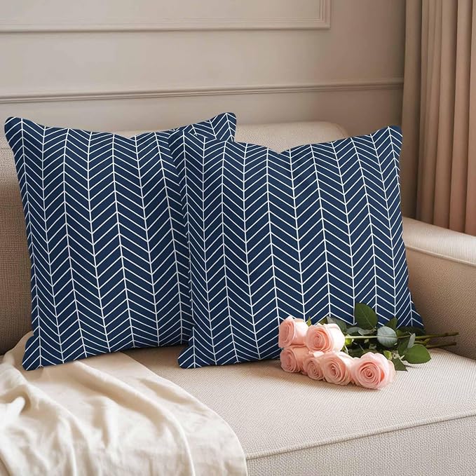 Outdoor Waterproof Throw Pillow Covers Set of 2 Navy Blue Chevron Stripes Pillowcases 20x20 Inches Modern Geometric Texture Decorative Pillows Cushion Case Patio Pillows for Couch Bed Chair Garden