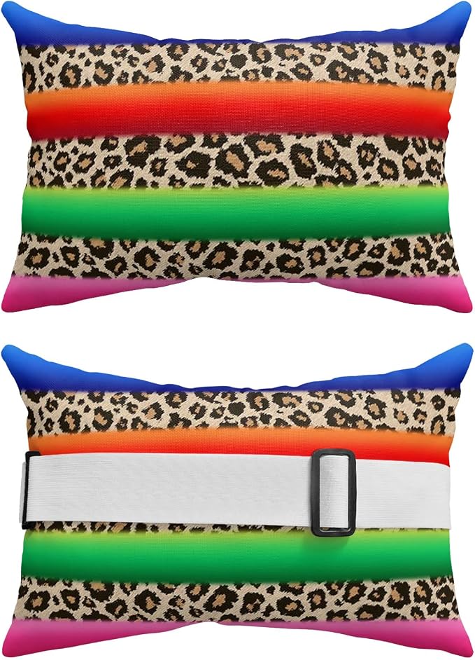 Outdoor Pillows Covers with Inserts Mexico Leopard Print Colorful Waterproof Recliner Pillow with Adjustable Strap Throw Pillows for Patio Furniture Pool Lounge Chair, 11x16 inch, 2PCS