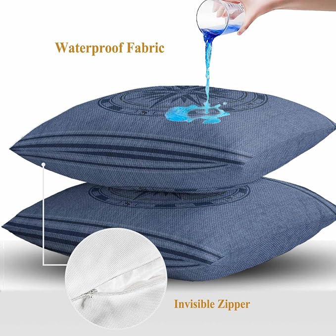 Compass Navigation Outdoor Waterproof Throw Pillow Covers Set of 2, 18"x18", Guide Letter Printing Decorative Pillow Covers Outside Cushion Case for Patio Porch Garden
