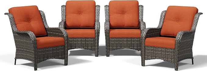 Joyside 4 Piece Wicker Patio Furniture Set, Rattan Patio Chairs with High Back, Deep Seating, Wide Armrest, Thickened Cushions, Outdoor Furniture for Deck, Porch Use