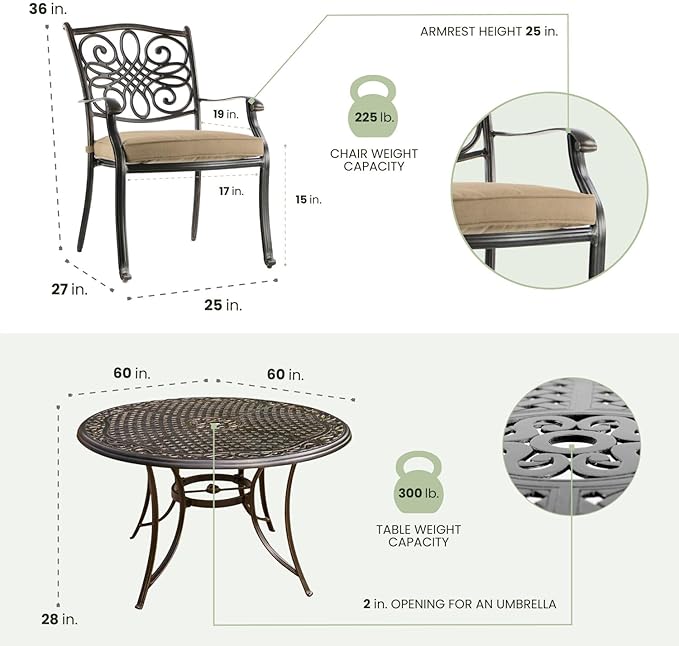 Hanover Traditions 7-Piece Outdoor Dining Set in Tan with Six Dining Chairs, Cushions and a 60 In. Round Cast-top Table, UV and Weather-Resistant, All-Weather Patio Dining Set for 6