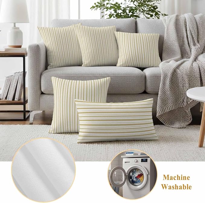 Yellow Vertical Stripes Waterproof Outdoor Pillow Covers Set of 2 Home Decor, Boho Pinstripes Apricot Lines Pillowcase Patio Pillow Covers for Couch Bench Patio Furniture Garden 16x16in
