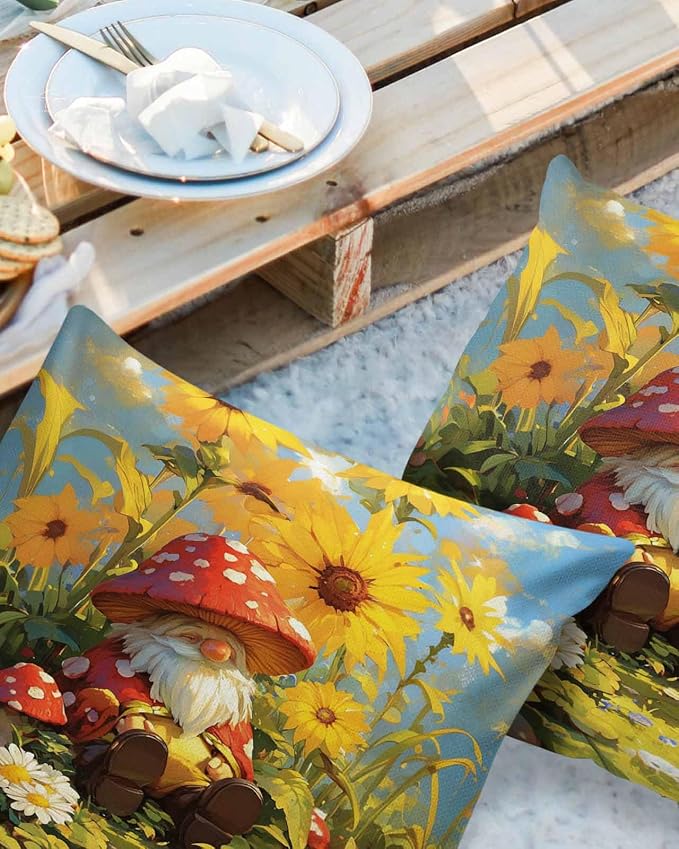 Outdoor Waterproof Throw Pillow Covers 24x24in, Fall Gnome Mushrooms Cushions for Garden Patio Furniture Chairs Set of 2, Sunflowers Floral Home Decor Couch Sofa Polyester Pillow Cases