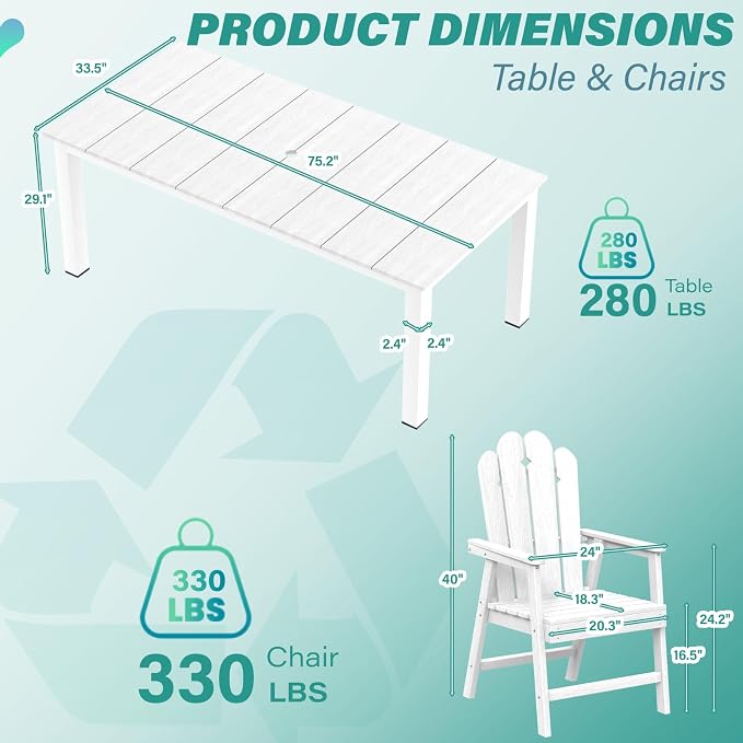 9 Piece Outdoor Dining Table Set for 8, HDPE Patio Furniture, White | 89.4” table,Spacious 8 seat outdoor dining set, HDPE and ALU, moisture and UV resistant, low maintenance outdoor furniture