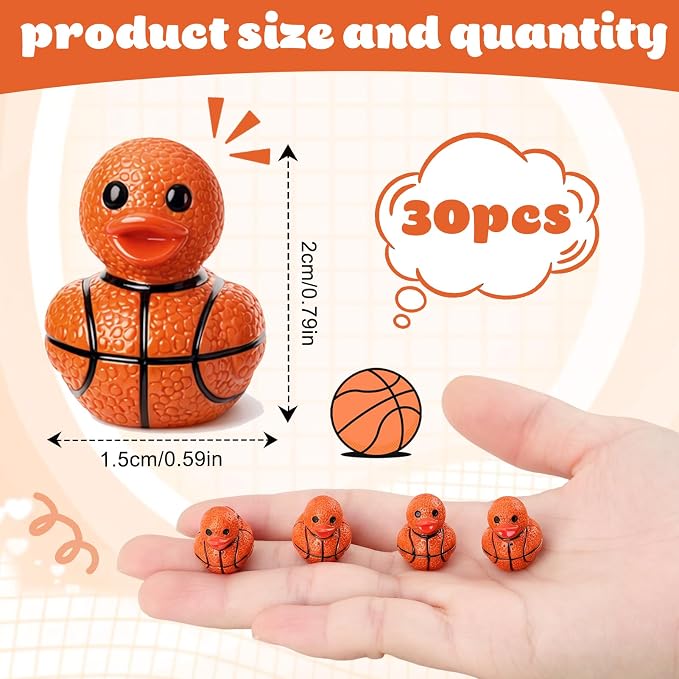 30 Pcs Basketball Ducks, Mini Basketball Resin Ducks Bulk, Fun Printed Toy Figures for Sports Party Favors, Themed Decor, Kids Gift Collection (Basketball)