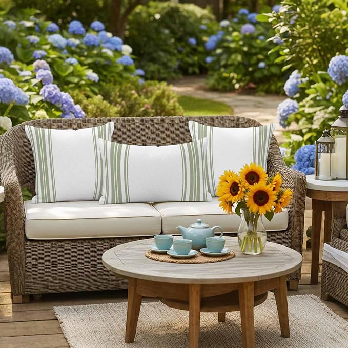 Outdoor Waterproof Throw Pillow Covers Set of 2 Sage Green Stripes Pillowcases 24x24 Inches White Vertical Striped Decorative Pillows Cushion Case Patio Pillows for Couch Bed Chair Garden