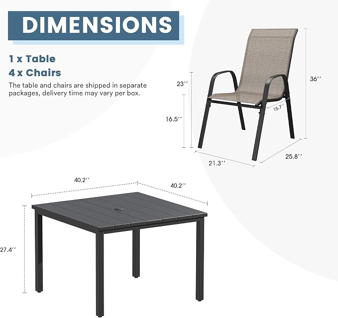 DIFY 5 Piece Outdoor Dining Set, 40" Black Square Metal Patio Table and Brown Textilene Stackable Chairs for 4, All Weather Patio Furniture Set with Umbrella Hole for Backyard Garden Deck