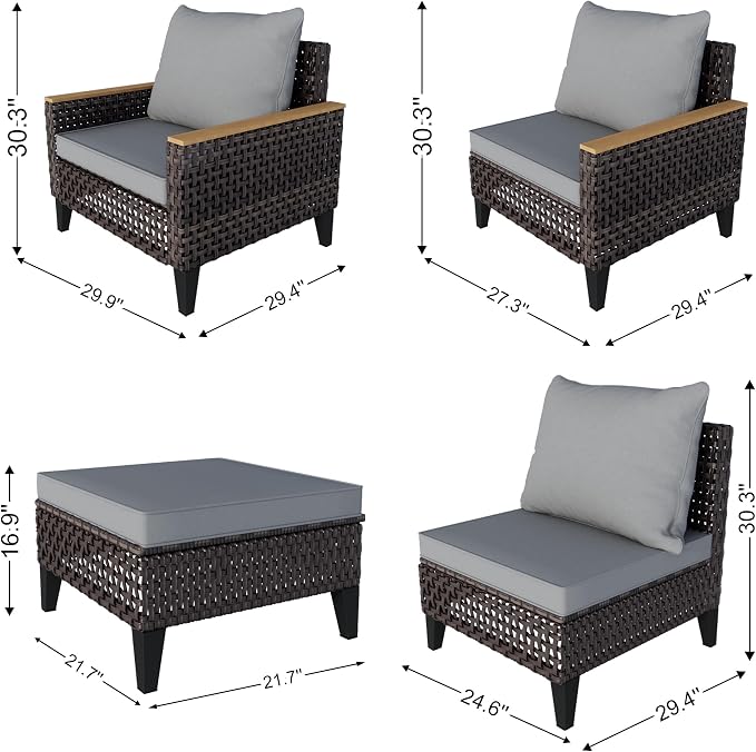 7 Pieces Patio Conversation Set, Wicker Rattan Sectional Modular Sofa Seating Set with Armchairs and Ottomans, Outdoor Furniture for Porch, Poolside, Deck, Balcony, Backyard, Yard (Gray Cushions)