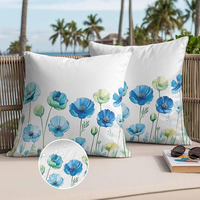 Spring Floral Outdoor Waterproof Throw Pillow Covers Set of 2, 18"x18", Watercolor Blue Poppy Flower Decorative Pillow Covers Outside Cushion Case for Patio Porch Garden