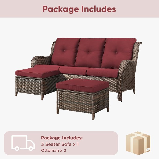 Belord 3-Piece PE Wicker Outdoor Sofa with 2 Ottomans, Luxury Patio Couch Convertible to Chaise Lounge, All-Weather High Back Deep Seat Woven Furniture for Deck, Porch - Brown/Red