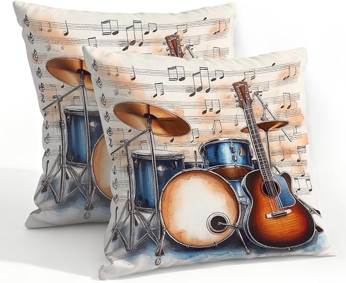 22x22 Inch Outdoor Pillow Covers Set of 2 Waterproof Throw Pillow Covers Decorative Couch Cushion Covers Music Guitar Drum Stand Square Pillowcases Protectors for Patio Garden Sofa