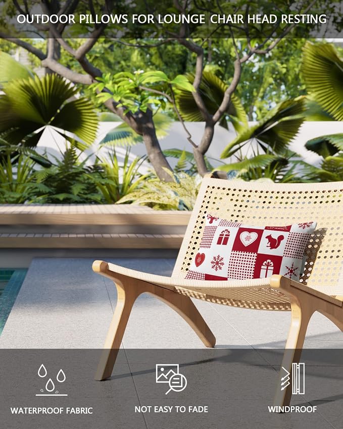 Outdoor Pillows Covers with Inserts Christmas Elk Snowflakes Red Buffalo Plaid Waterproof Recliner Pillow with Adjustable Strap Throw Pillows for Patio Furniture Pool Lounge Chair, 11x16 inch, 1PCS