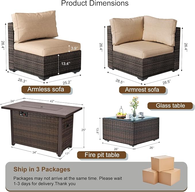 8 Pieces Outdoor Sectional Patio Furniture Set with Fire Pit Table,PE Rattan Wicker Patio Sectional Conversation Set with Cushions and Glass Coffee Table Beige