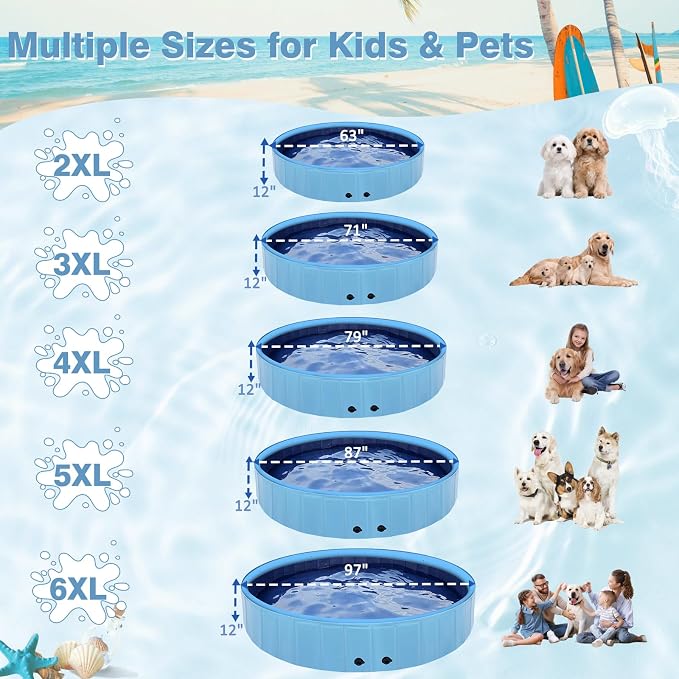 Eooqi Foldable Dog Pool with Sprinkler, 87 Inch Extra Large Thickened Splash Pool, 2-in-1 Outdoor Summer Water Play Toy, Non-Slip Hard-Side Kiddie Pool for Backyard Dogs, Kids & Pets (Blue, 87"-5XL)