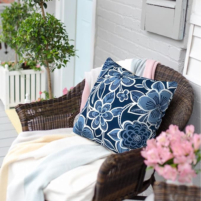 Outdoor Pillows for Patio Furniture 18x18 inch, Square Outdoor Throw Pillows with Inserts, Decorative Toss Pillows for Garden Couch Home Sofa Office Chair, Pack of 2,Flower Navy