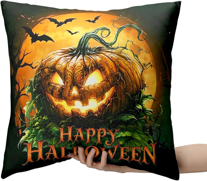 Halloween Throw Pillow Covers Scary Pumpkin Pillow Covers 22x22 Set of 2 Full Moon Bat Pillow Cases Jack-O'-Lantern Cushion Cases for Home Farmhouse Bedroom Living Room Sofa Couch