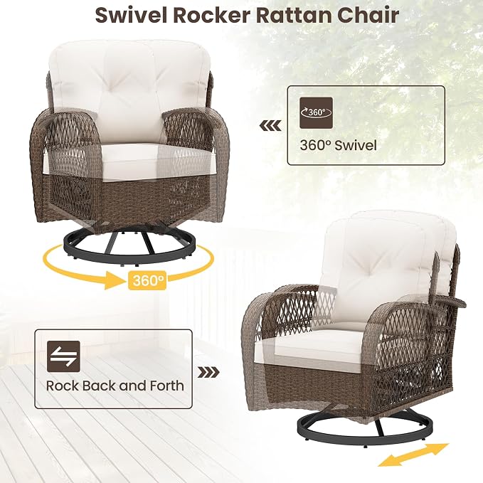 ORALNER 3 Pieces Wicker 360° Swivel Rocker Set Patio Furniture, Rocking Chairs with Cushions, Tempered Glass Coffee Table, Outdoor Rattan Bistro Set for Balcony Front Porch Deck Poolside (White)