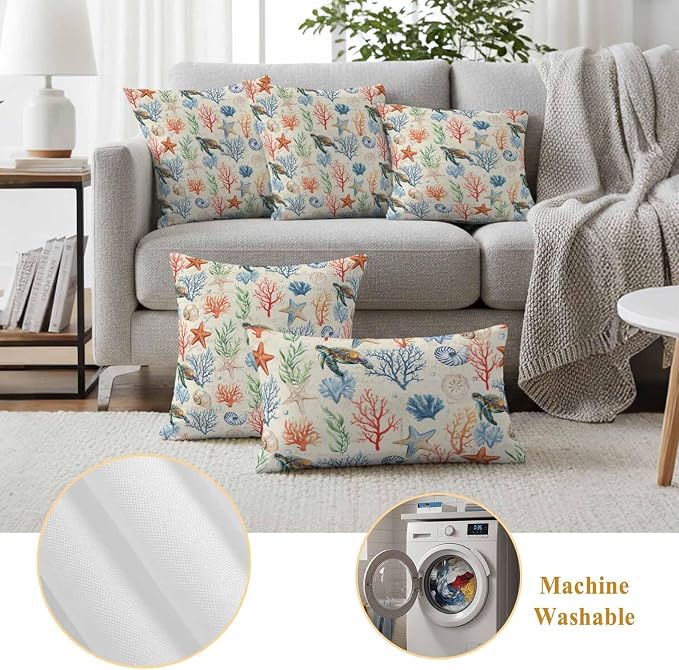 Summer Ocean Outdoor Waterproof Pillow Covers Pack of 2, Vintage Nautical Sea Turtles Shells Corals Starfish Decorative Throw Pillowcases Cushion Covers for Garden Patio Tent Sofa Couch, 16x16 inch