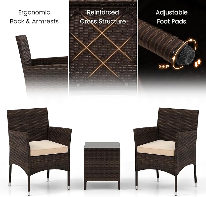 RELAX4LIFE 3-Piece Patio Furniture Set - Rattan Wicker Outdoor Conversation Set w/Cushions & Glass Coffee Table, Balcony Furniture for Porch Garden Backyard, Bistro Table and Chairs Set of 2 (Beige)