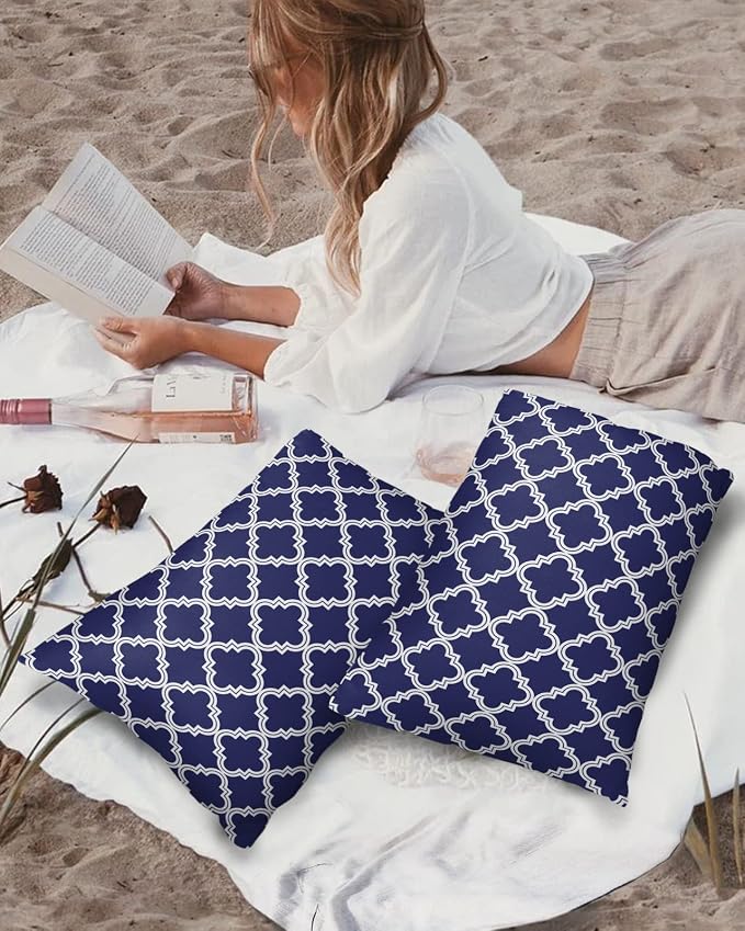 Outdoor Waterproof Pillow Covers for Patio Moroccan Pattern Decorative Throw Pillow Cover Geometric Trellis Navy Blue Pillowcases Set of 2 Cushion Case for Sofa Couch Chair Home Decor 20x12 inch