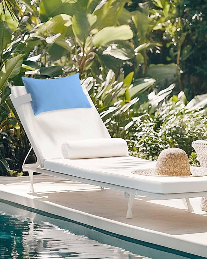 Chaise Lounge Chair Pillow with Strap & Insert SkyBlue Pattern Outdoor Recliner Head Pillow Pack of 2 Pure Colour Waterproof Headrest Patio Lumbar Pillow for Beach Pool Office Chair 11x16 Inch