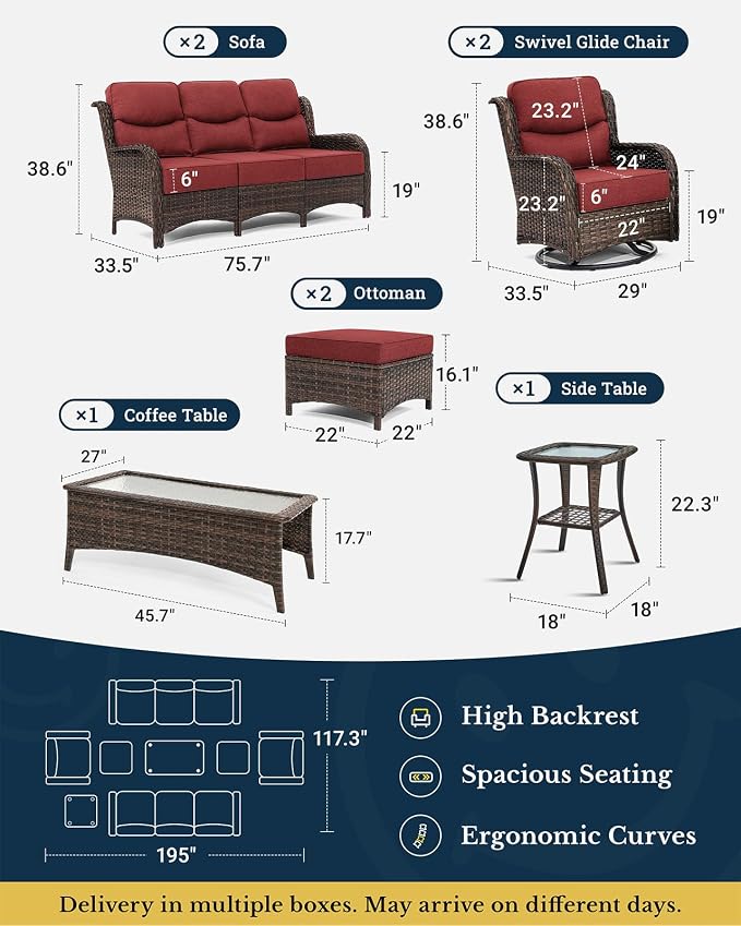 HILLGA 8-Piece Luxury Patio Furniture Set with 6" Thick Cushions, Weather-Resistant Wicker High Back Swivel Rocker Chairs, Senior-Friendly Outdoor Sofa Set for Large Deck and Poolside, Burgundy(V2)