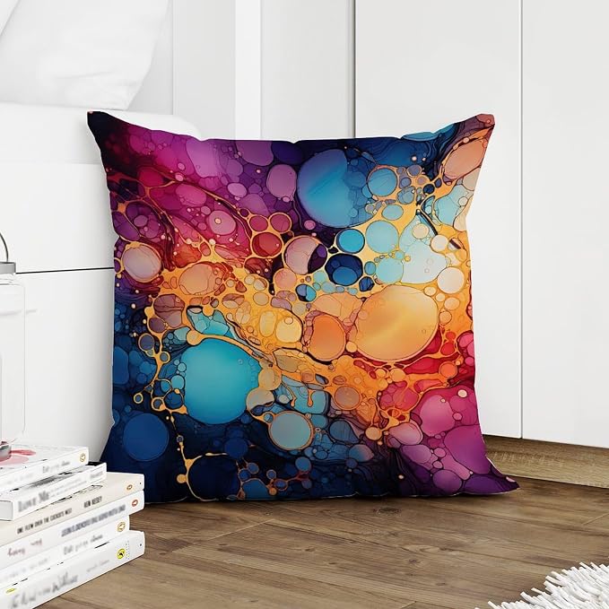 Ink Rainbow Shapes with Gold Pillow Cover Abstract Alcohol Ink Textures Throw Pillow Cover Rustic Outdoor Garden Decoration for Bedroom Sofa Bench Porch 16x16 in