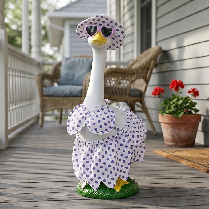 Large Porch Goose Statue Decor - 20″ Porch Goose Resin with Purple Summer Bikini Outfits, Garden Decor Lawn Goose Figurine, Indoor Outdoor Yard Decor, Unique Housewarming Birthday Gifts for Mom Women