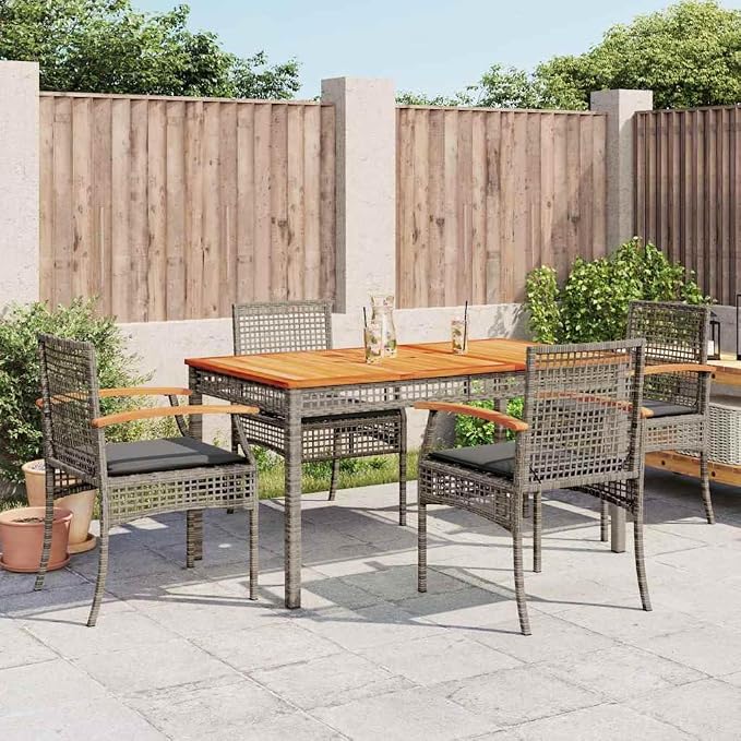 5 Piece Patio Dining Set, Outdoor PE Rattan Dining Table and 4 Chairs with Dark Gray Cushions, Solid Acacia Wood Tabletop and Umbrella Hole for Garden Backyard
