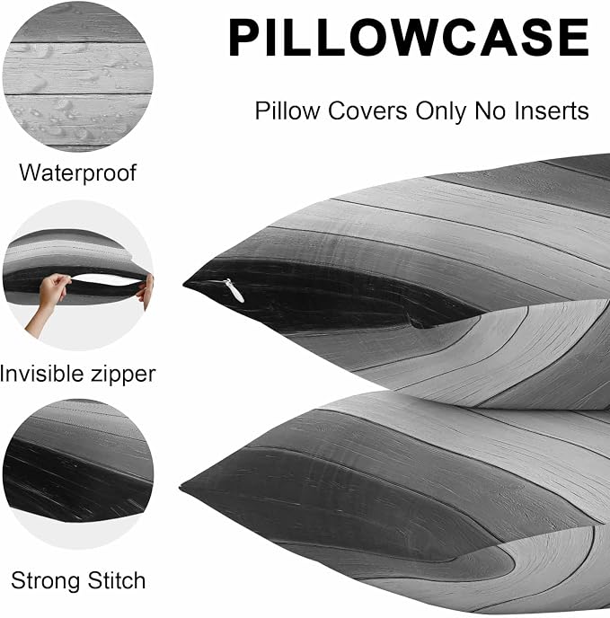 Black Gray Outdoor Pillow Covers 20x12 Inch Lumbar Pillow Covers Set of 2 Waterproof Decorative Throw Pillow Cases Farmhouse Vintage Gradient Wooden Plank Cushion Covers for Patio Furniture Garden