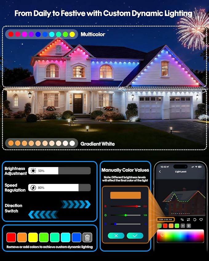 Super RGB Permanent Outdoor Lights 150FT, Smart RGB+IC Eave Lights with Remote APP Control, DIY LED Color Individual, White & Colorful Christmas String Light, IP67 Waterproof for House Outside Decor
