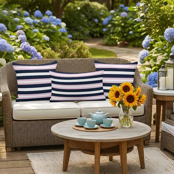 Pink Navy Blue Striped Waterproof Outdoor Pillow Covers Set of 2 Home Decor, Minimalist Abstract Lines Artwork Pillowcase Patio Pillow Covers for Couch Bench Furniture Garden 16x16in
