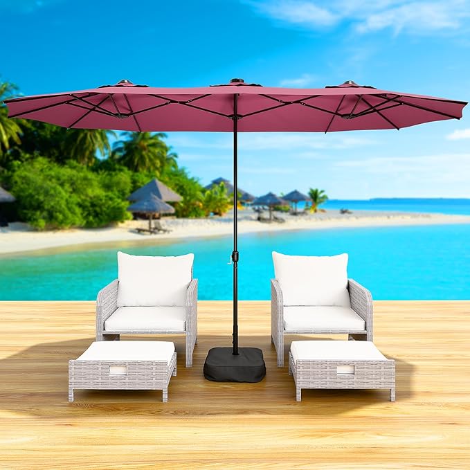 CHABATREE 15FT Double-Sided Patio Umbrella with Base Included, Large Outdoor Rectangular Market Umbrella for Backyard, Poolside, Lawn & Garden, Red