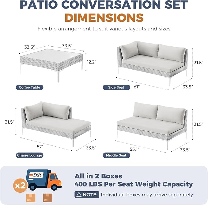 Luxury Patio Furniture Set 6 Seater Large Modular L-Shaped Outdoor Sectional with Thick Cushion & Deep Seat Oversized White Wicker Patio Conversation Sets for Backyard, Deck